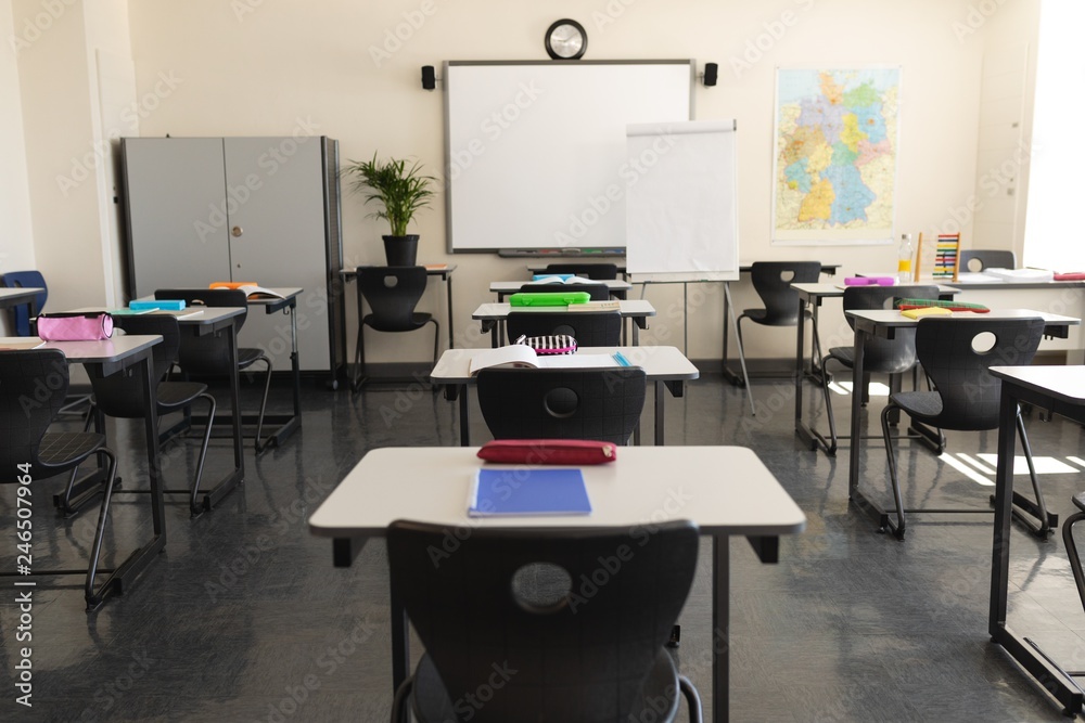 Classroom with desk and whiteboard in school Classroom with desk and whiteboard in school