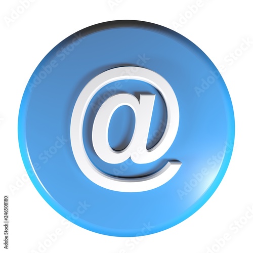 Blue circle At - Email push button - 3D rendering illustration