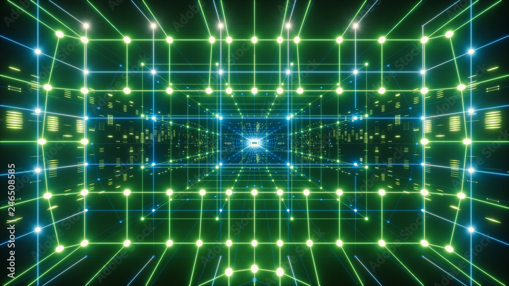 3d render, colorful neon virtual reality tunnel, abstract geometric  background. Virtual data with neon green blue lines and dots. Player begins  the VR game. VR experience. Wireframe. Stock Illustration | Adobe Stock