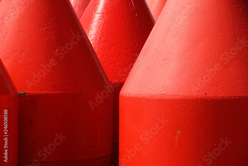 Sea buoys photographed at a storage and repelling yard.
