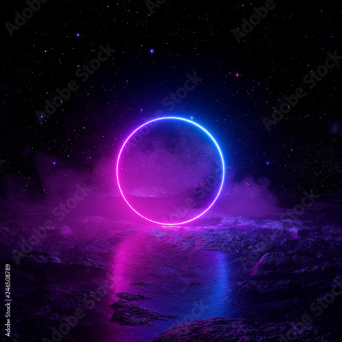 3d render, abstract background, cosmic landscape, round portal, pink blue neon light, virtual reality, energy source, glowing round frame, dark space, ultraviolet spectrum, laser ring, fog, ground photo