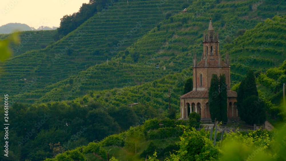 View of the green Prosecco wine hill - Saint Martin Temple - Tempio di S. Martino - Conegliano Valdobbiadene - Strada del Prosecco