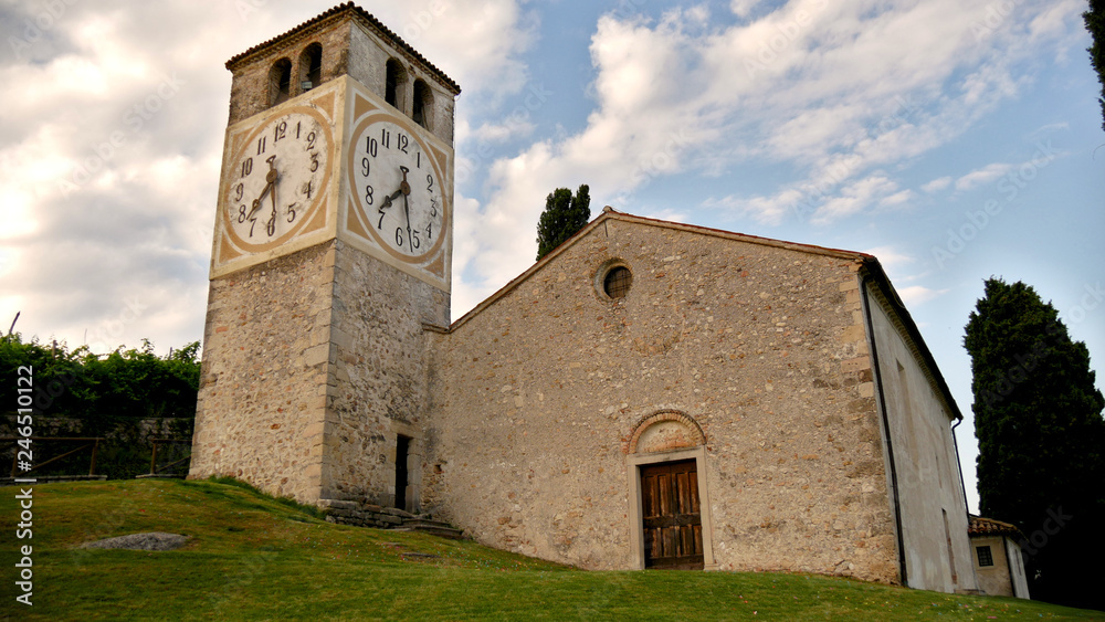 View of the green Prosecco wine hill - Saint Vigilio Church - Chiesetta di San Vigilio - Torri del Credazzo - Col San Martino - Conegliano Valdobbiadene - Strada del Prosecco