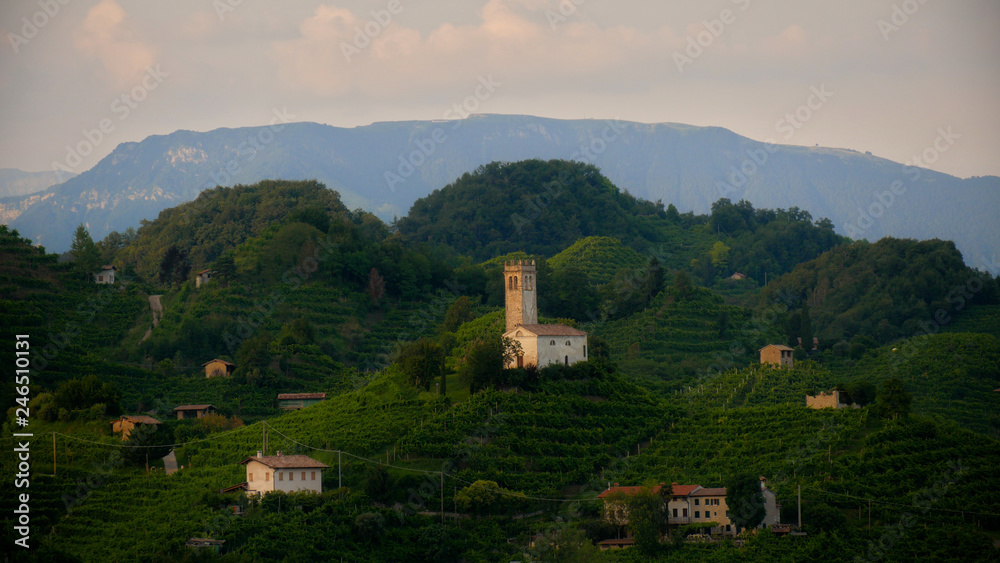 View of the green Prosecco wine hill - Saint Lorenz Church - Chiesetta di San Lorenzo - Farra di Soligo - Conegliano Valdobbiadene - Strada del Prosecco - Prosecco road