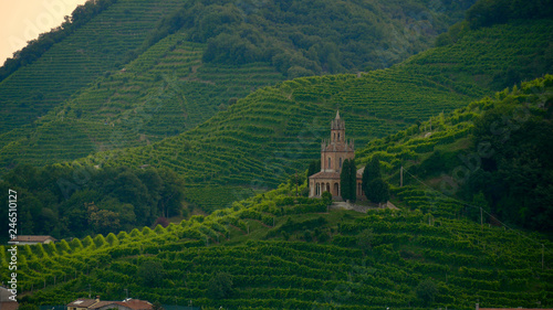 View of the green Prosecco wine hill - Saint Martin Temple - Tempio di S. Martino - Conegliano Valdobbiadene - Strada del Prosecco