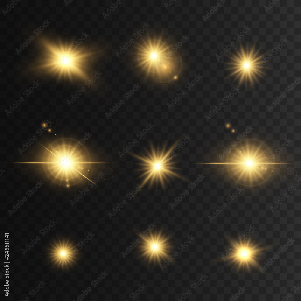 Set Glowing golden lights and stars. Isolated on transparent background. Vector illustration, Set Glowing golden lights and stars. Isolated on transparent background. Vector illustration,