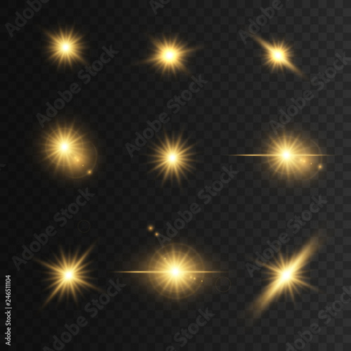 Set Glowing golden lights and stars. Isolated on transparent background. Vector illustration, 