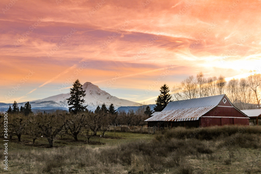Mt. Hood and barn at sunset, Solera Brewery, Parkdale, Oregon