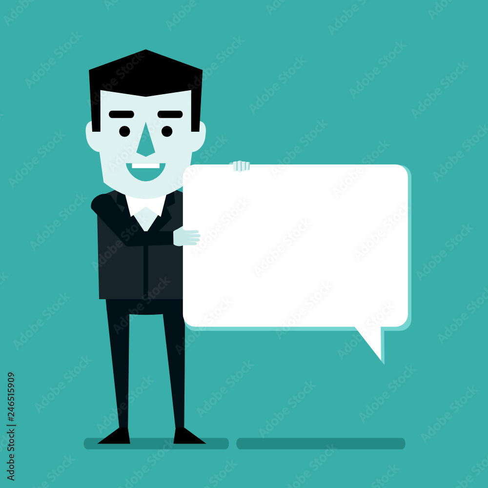 Smiling businessman holds blank speech bubble. Conversation, dialog concept. Flat style vector illustration Smiling businessman holds blank speech bubble. Conversation, dialog concept. Flat style vector illustration