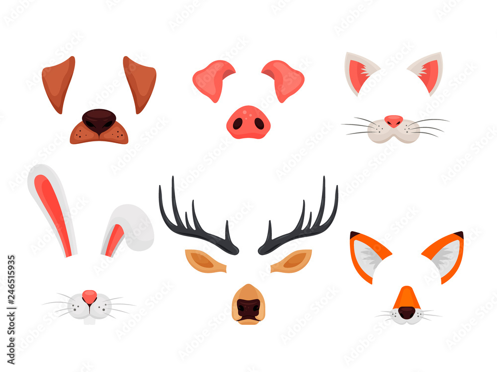 Animal faces set with ears and noses isolated on white background. Video chat effects and selfie filters. Funny masks of dog, pig, cat, rabbit, deer and fox - vector illustration Animal faces set with ears and noses isolated on white background. Video chat effects and selfie filters. Funny masks of dog, pig, cat, rabbit, deer and fox - vector illustration