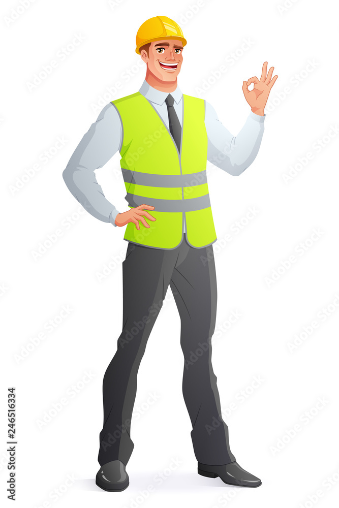 Smiling engineer in vest showing OK sign. Vector illustration. Smiling engineer in vest showing OK sign. Vector illustration.