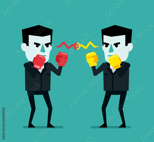 Two businessman with boxing gloves ready to fight. Business rivalry, competition concept. Flat style vector illustration