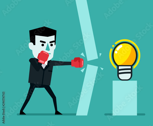 Businessman with boxing gloves breaking through wall to idea light bulb. Break through barriers concept. Flat style vector illustration