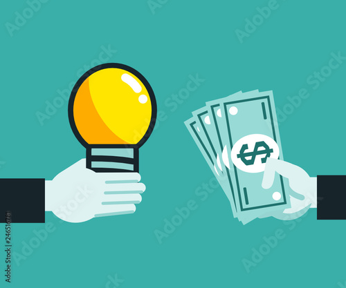 Big hand holds idea light bulb and money. Sell idea, intellectual property concept. Flat style vector illustration