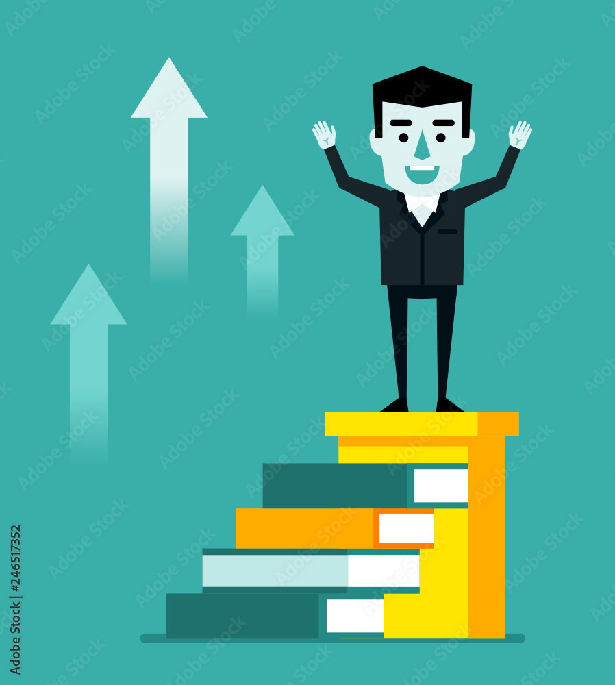 Businessman stands on top stairs made of books. Success, career growth through education. Flat style vector illustration Businessman stands on top stairs made of books. Success, career growth through education. Flat style vector illustration