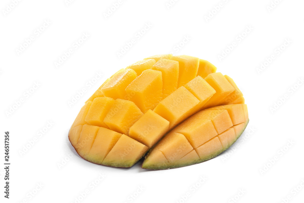 Cut ripe mango on white background. Tropical fruit Cut ripe mango on white background. Tropical fruit