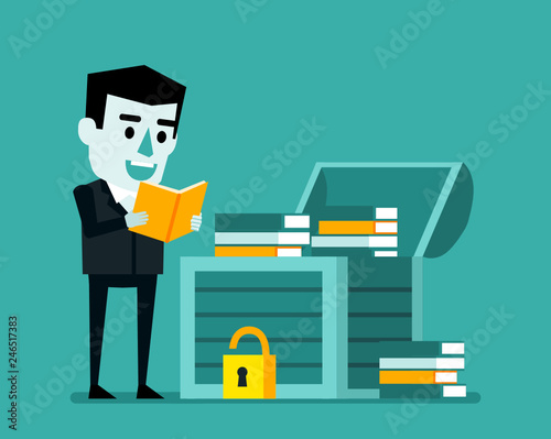 Cheerful businessman reads book and stands near opened treasure chest full of books. Career success through education concept. Flat style vector illustration