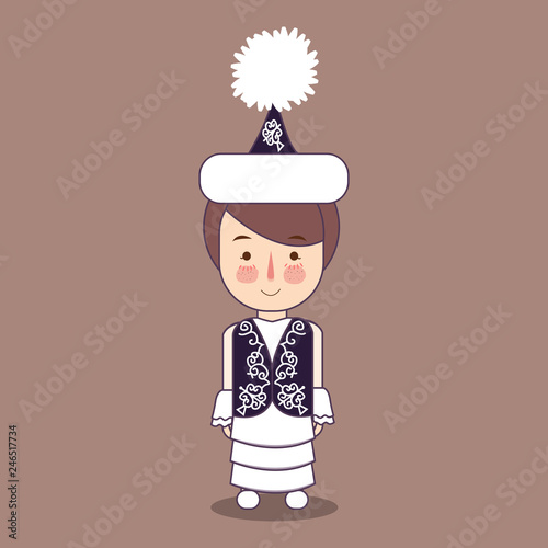 cute Russian wth traditional clothes costume girl female cartoon vector illustration. white dress with hat and fur