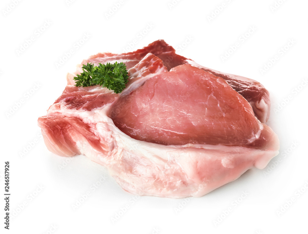Raw steaks with parsley on white background. Fresh meat