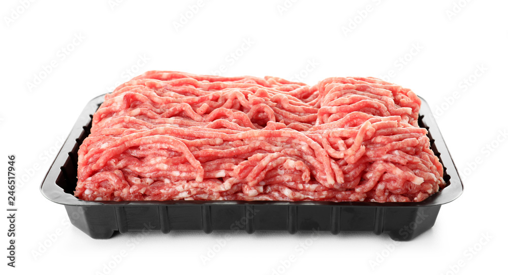 Plastic container with minced meat on white background Plastic container with minced meat on white background