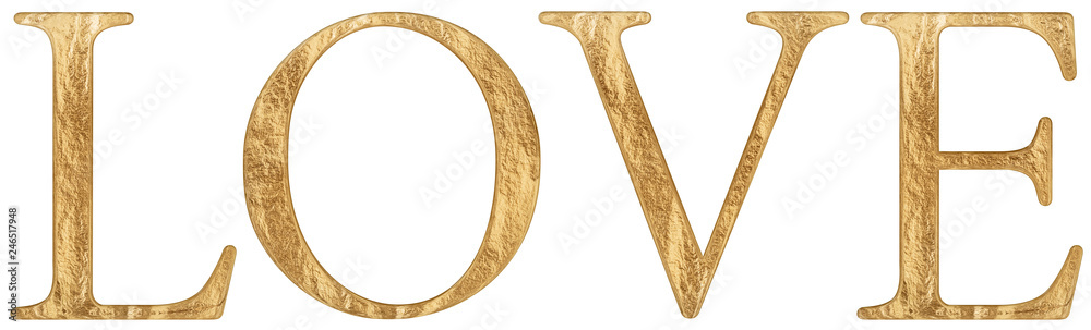 Word love, set of letters in uppercase, imitation texture of gold, isolated on white background, 3d illustration Word love, set of letters in uppercase, imitation texture of gold, isolated on white background, 3d illustration