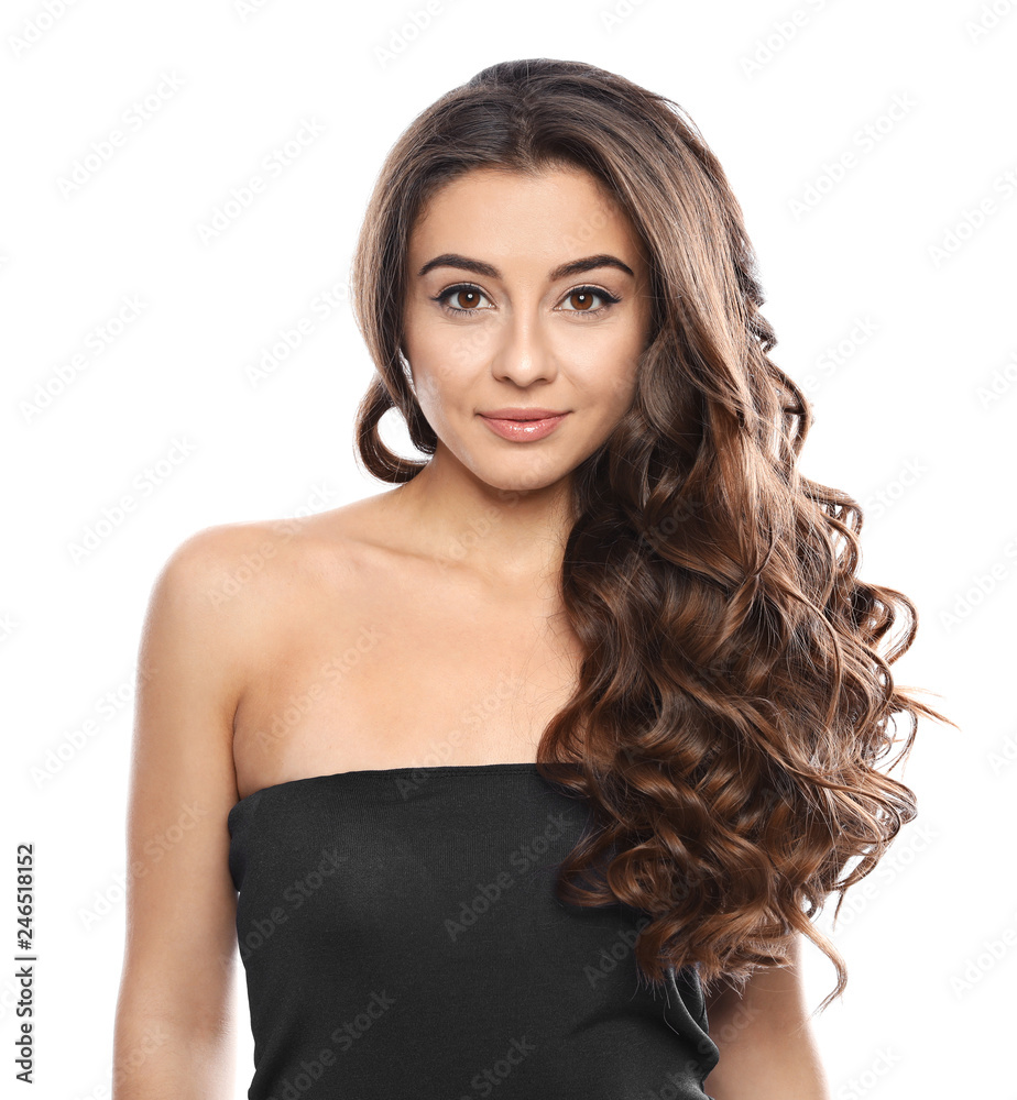 Beautiful woman with shiny wavy hair on white background Beautiful woman with shiny wavy hair on white background