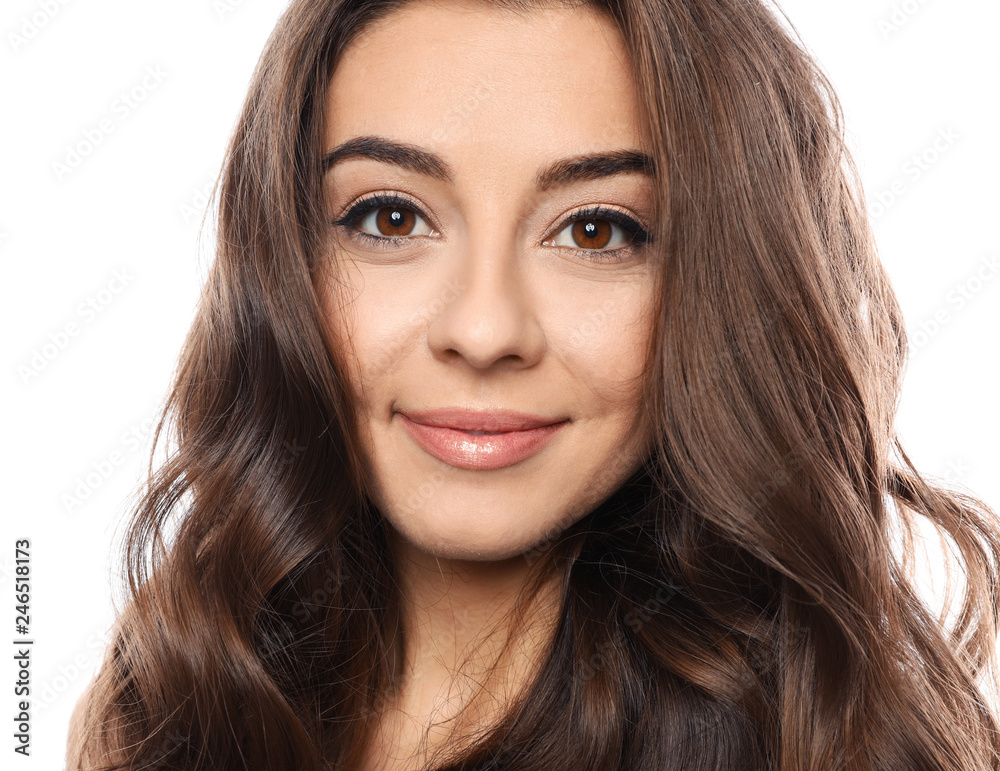 Beautiful woman with shiny wavy hair on white background Beautiful woman with shiny wavy hair on white background