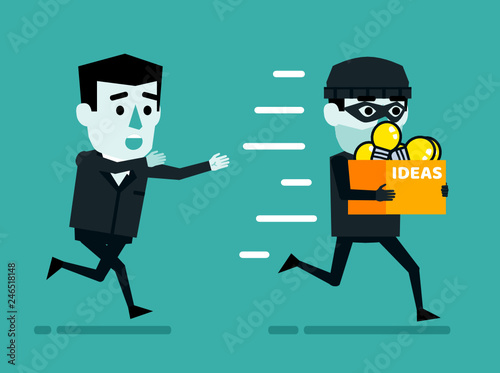 Theft of ideas, intellectual property thievery concept. Businessman chases thief who stole box full of idea light bulbs. Flat style vector illustration