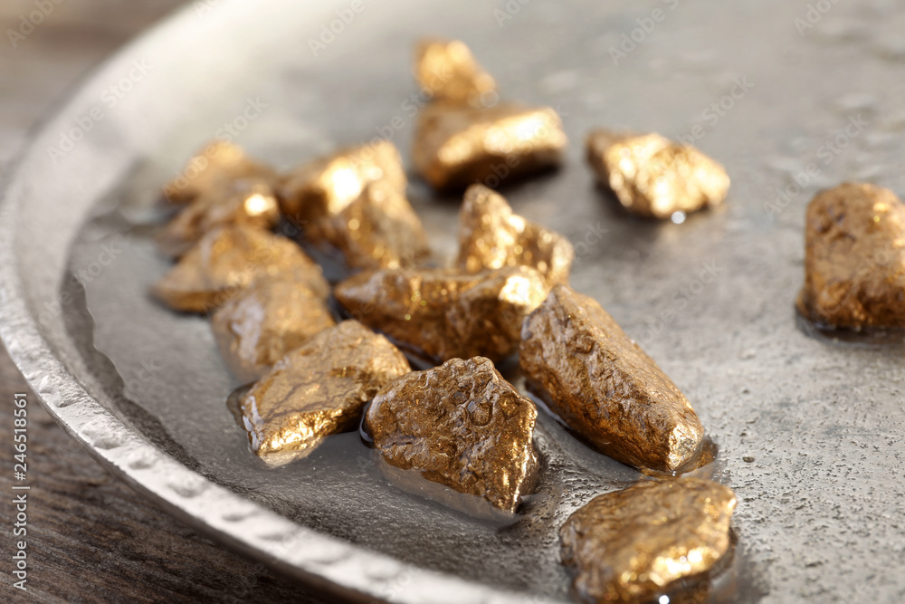 Plate with gold nuggets and water on table, closeup Plate with gold nuggets and water on table, closeup
