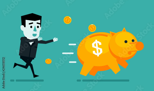 Businessman chases running away giant piggy bank. Financial loss, stop saving money concept. Flat style vector illustration © paper_owl