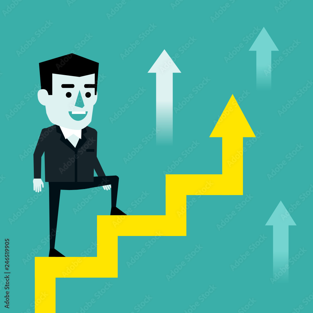Cheerful businessman stands on financial growth chart ladder. Profit increase, successful career concept. Flat style vector illustration Cheerful businessman stands on financial growth chart ladder. Profit increase, successful career concept. Flat style vector illustration