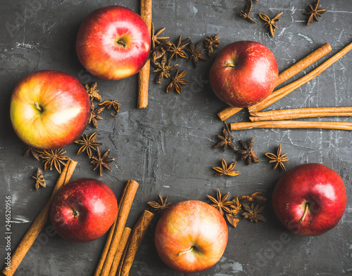 Fototapeta Naklejka Na Ścianę i Meble -  Apples with cinnamon and other spices on rustic wooden background. Selective focus.elective focus.