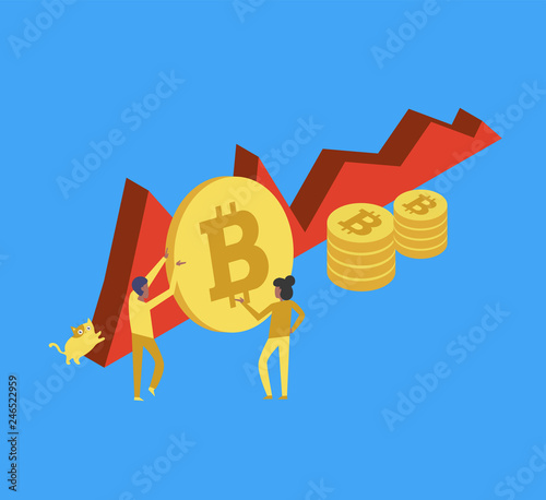 Set collection of coin bitcoin, analytics, consultation, people, woman, man, cat with many details and background. Vector illusyration.