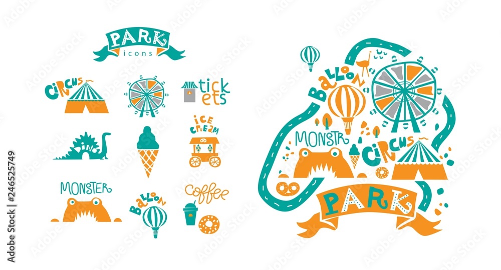 Fototapeta Amusement Park icons set in cartoon style with attractions and Ferris wheel, balloon. Festival, park or fair design