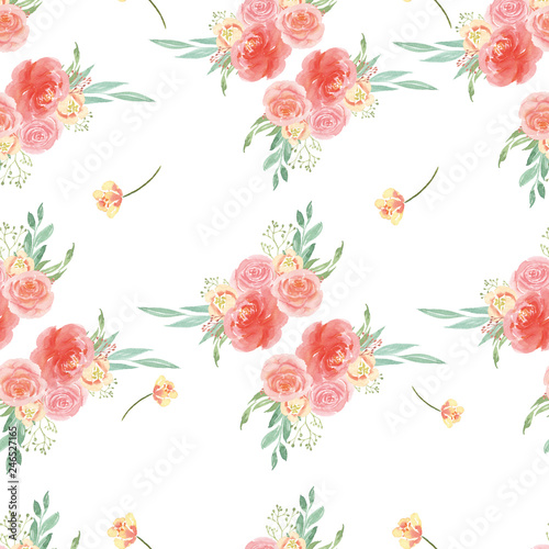 Seamless pattern floral lush watercolour style vintage textile, flowers aquarelle isolated on white background. Design flowers decor for card, save the date, wedding invitation cards, poster. © 3dcr3at3