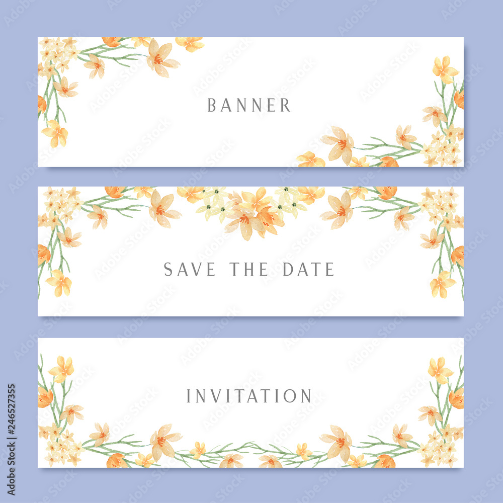 Watercolor flowers with text banner, lush flowers aquarelle hand painted isolated on white background. Design border for card, save the date, wedding invitation cards, poster, banner design..