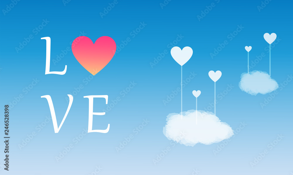 Happy Valentine's Day, Heart Shape with realistic Cloud on Gradient sky Background, Design for Web banner, Poster
