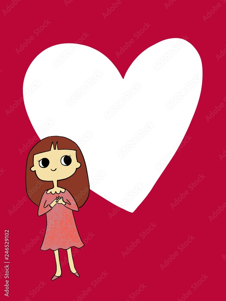 hand drawn illustration of cute happy girl in love with heart