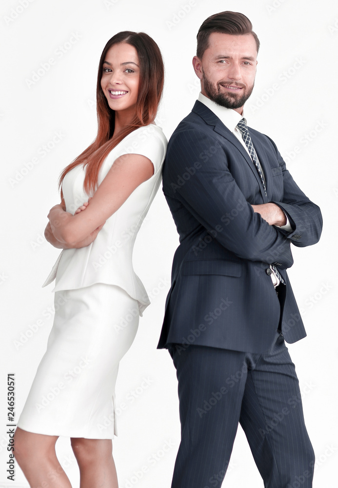 Portrait of business people back to back against white backgroun Portrait of business people back to back against white backgroun