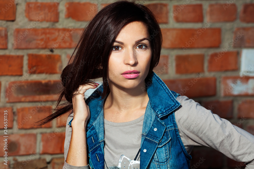 portrait of young woman on blockchain wall portrait of young woman on blockchain wall