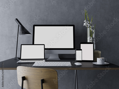 3d illustration render of mockup template of blank white screen for your web design portfolio on elegant workspace with workstation, tablet, laptop, and phone on trendy desk in straight front view