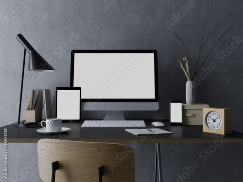 3d rendering mock up template of blank white screen of computer, tablet on the left and smart phone on the right for your portfolio in stylish interior workspace on clean designer desk in front view
