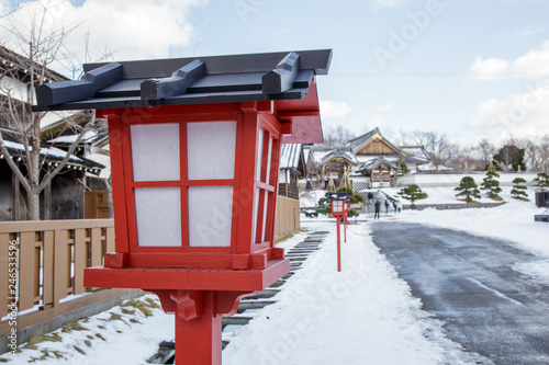 close-up detail shot of old style Japanese lamp in Noboribetsu Date JIdaimura Historic Village at Hokkaido, Japan.