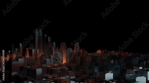 3d city with bright flashes on a dark background