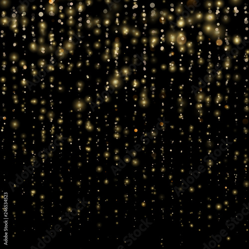 Fashion strass drops with shiny sequins. Sparkling of shimmering light blurs. Christmas and New Year effect. Gold particles lines rain. Glitter threads of curtain backdrop on black. EPS 10