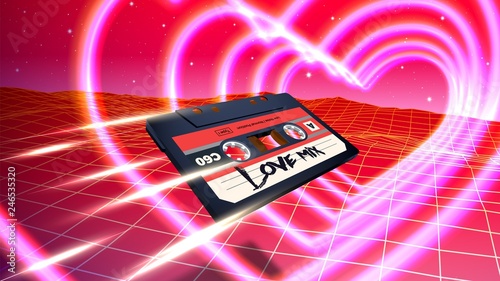 Abstract Valentine's Day card with retro 80s styled landscape and cassette fying through glowing neon hearts in retrowave or synthwave futuristic style