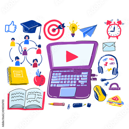 School Doodle vector set. learning of foreign languages. Hand drawn icons
