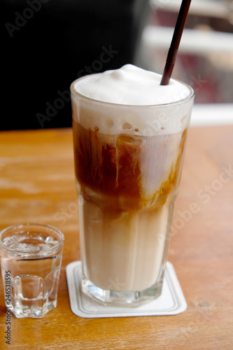 iced coffee on wooden table