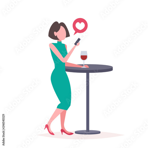 woman using smartphone at cafe table love chat bubble communication concept elegant girl drinking wine chatting cell phone isolated full length flat vector illustration