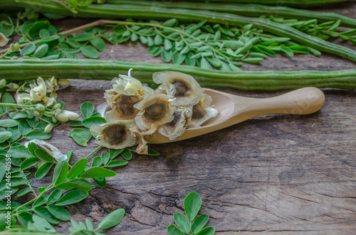 Moringa seeds on a wooden spoon surrounded by plant leaves